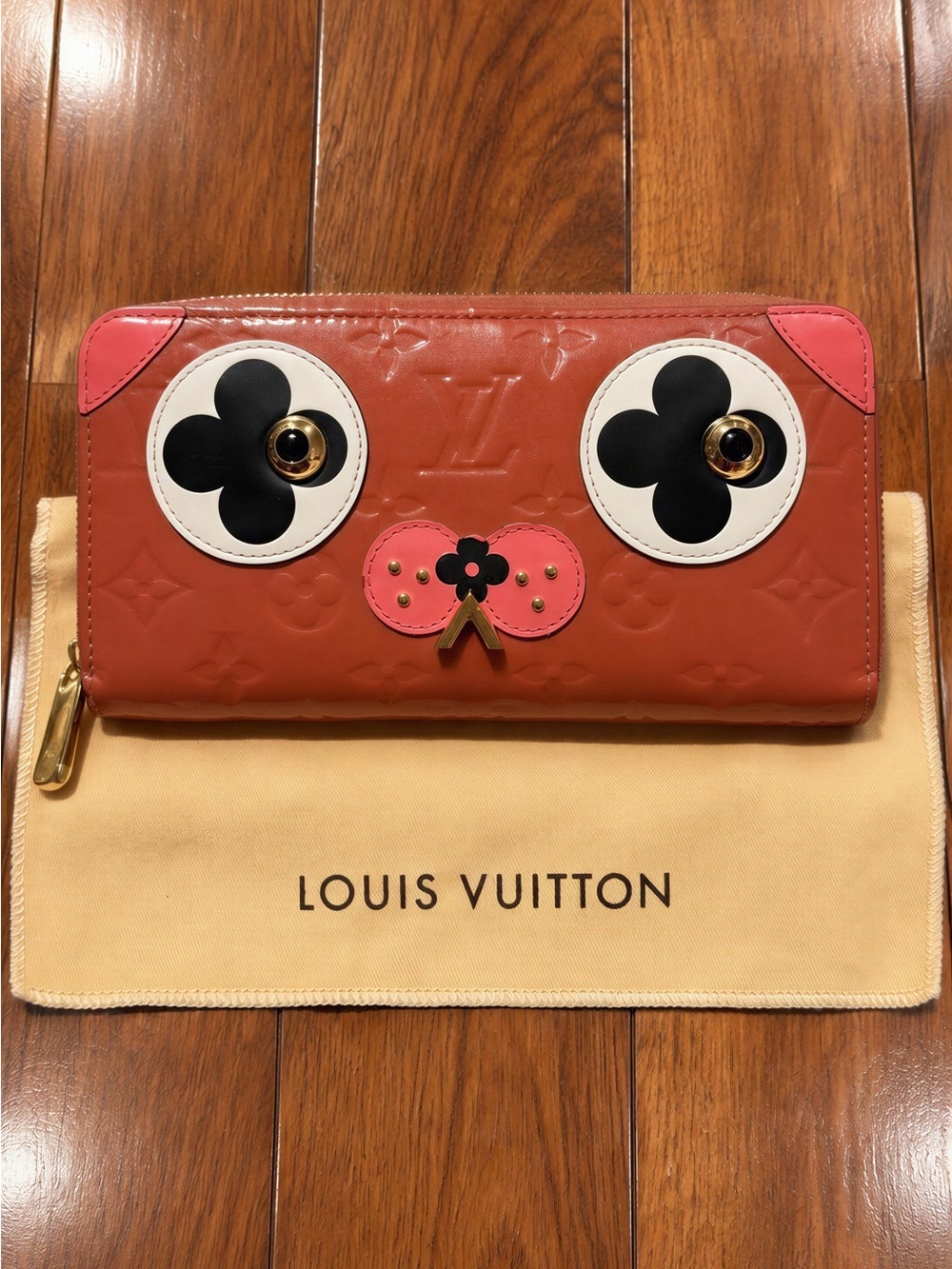 Louis Vuitton Coral Patent Leather Zip Wallet with Playful Face Appliqués